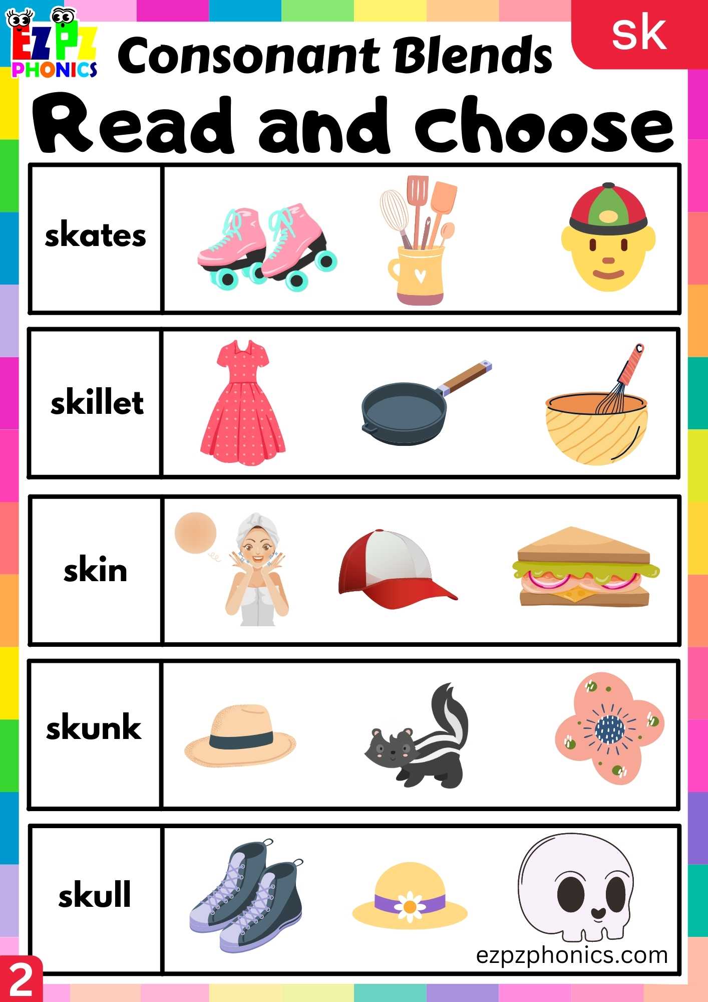 Group2 SK Words Read And Choose Phonics Consonant Blends Worksheet ...